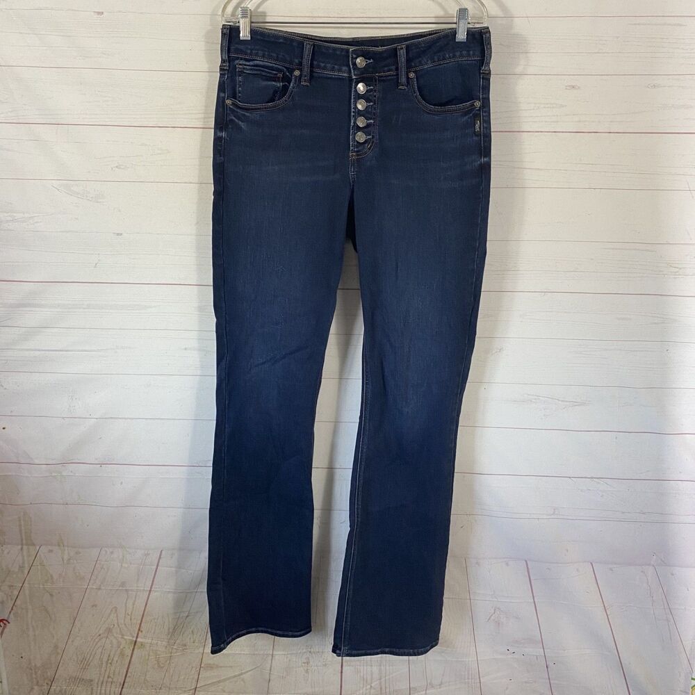 Silver Womens Ski Slim Boot Jeans Sz 33x35 Long Exposed Button Fly Blue Stretch